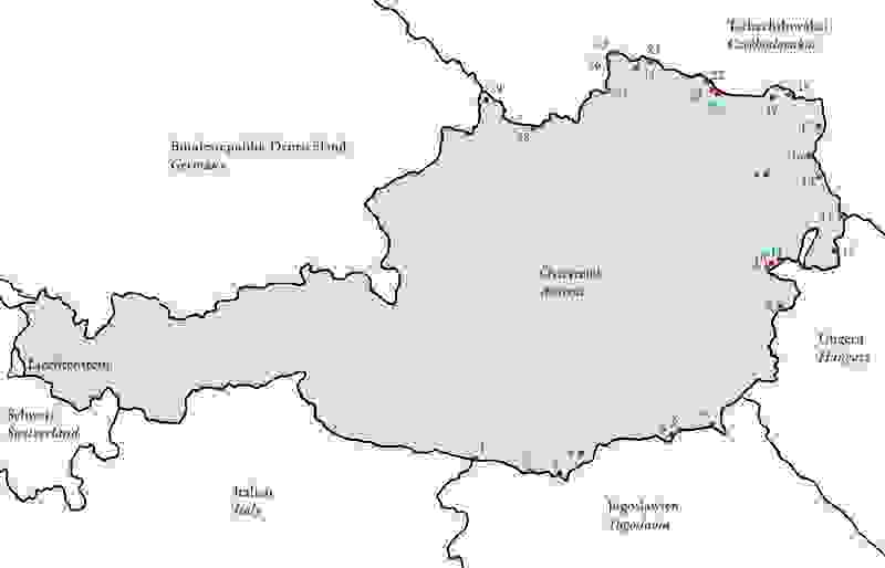 1  Wurzenpass | 2  Loiblpass | 3  Seebergsattel | 4  Globasnitz/Globasnica | 5  Ratsch an der Weinstraße | 6  Spielfeld | 7  Radkersburg | 8  Lutzmannsburg| 9  Loipersbach im Burgenland | 10  Loipersbach im Brugenland | 11  Schattendorf | 12  Andau | 13  Deutsch Jahrndorf | 14  Marchegg | 15  Langenzersdorf | 16  Drösing | 17  Hohenau | 18  Drasenhofen | 19  Wildendürnbach | 20  Kleinhaugsdorf | 21  Unterretzbach | 22  Hardegg | 23  Fratres | 24  Kuazen | 25  Rottal | 26  Stankauer Teich | 27  Gmünd | 28  Weigetschlag | 29  Klaffer

© s.furuya